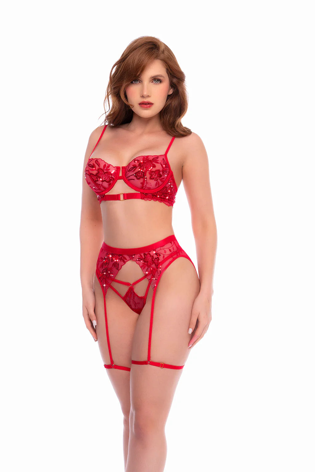 Three-piece set featuring a sequin embroidered bra